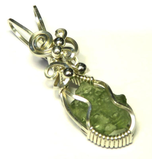 Moldavite Gemstone Sterling Silver Wire Wrapped Pendant 06