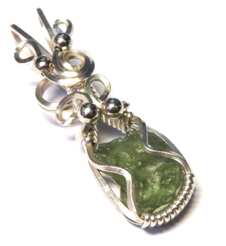 Moldavite Gemstone Sterling Silver Wire Wrapped Pendant 07
