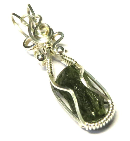 Moldavite Gemstone Sterling Silver Wire Wrapped Pendant 08