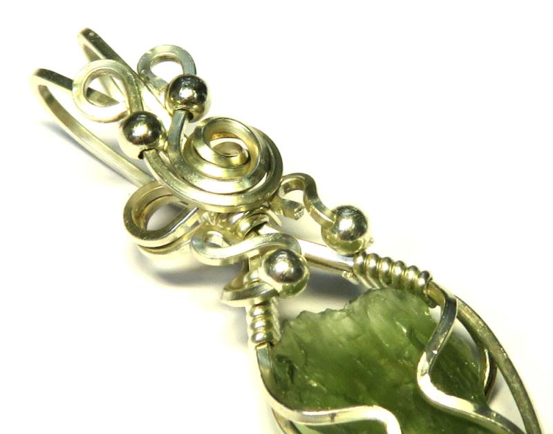 Moldavite Gemstone Sterling Silver Wire Wrapped Pendant 09
