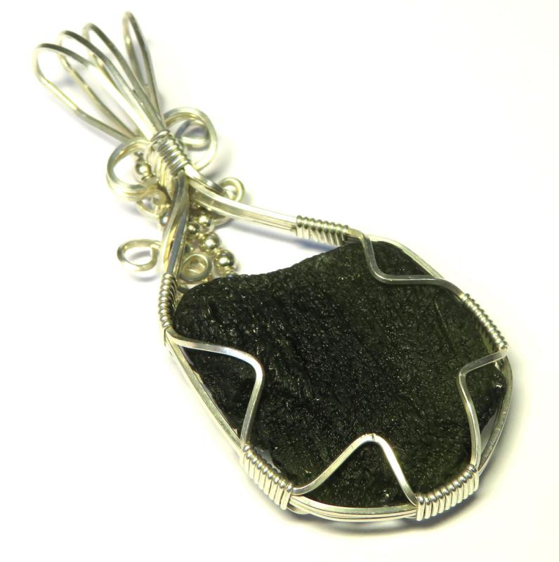 Moldavite Gemstone Sterling Silver Wire Wrapped Pendant 11