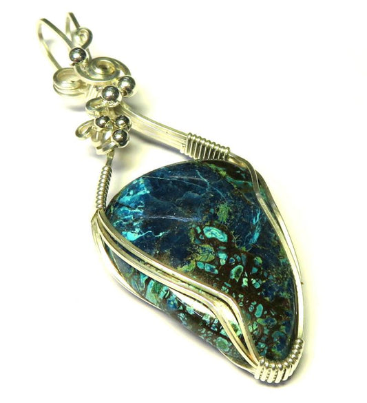 Shattuckite Gemstone Sterling Silver Wire Wrapped Pendant 02