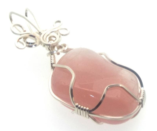 Rose Quartz Gemstone Silver Plated Wire Wrapped Pendant 01
