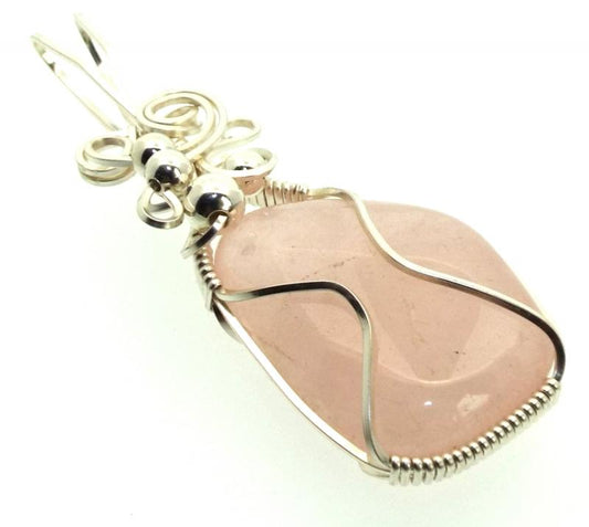 Rose Quartz Gemstone Silver Plated Wire Wrapped Pendant 08