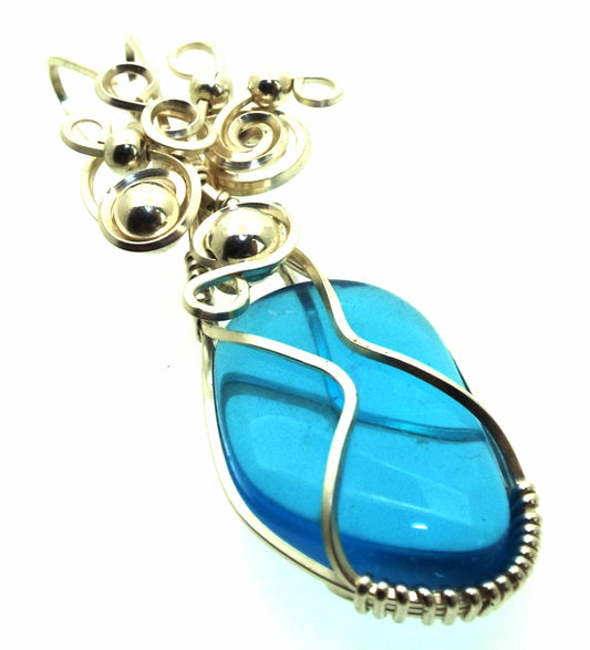 Blue Obsidian Silver Filled Wire Wrapped Pendant 15