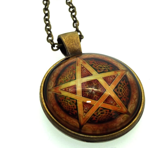 Brown Pentacle Glass Dome Chain Necklace