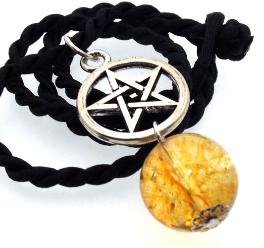 16mm Citrine Coloured Quartz Gemstone Sphere Pentacle Pendant
