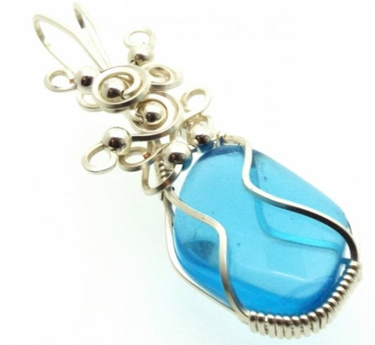 Blue Obsidian Silver Filled Wire Wrapped Pendant 01