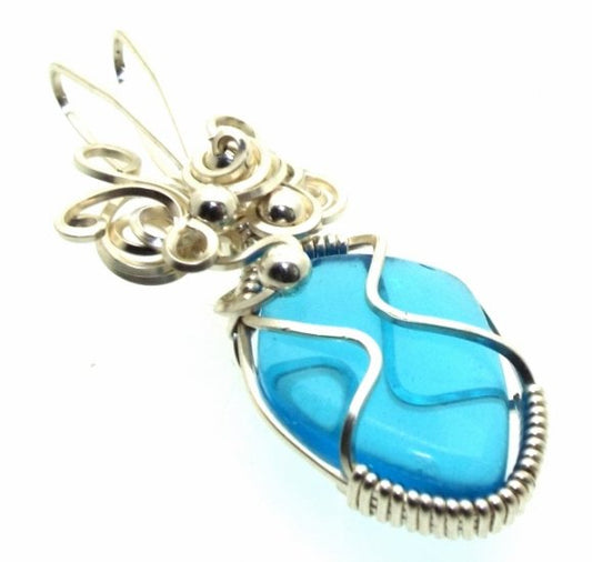 Blue Obsidian Silver Filled Wire Wrapped Pendant 08