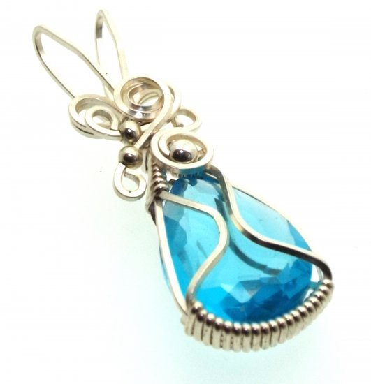 Blue Topaz Faceted Gemstone Sterling Silver Wire Wrapped Pendant 02