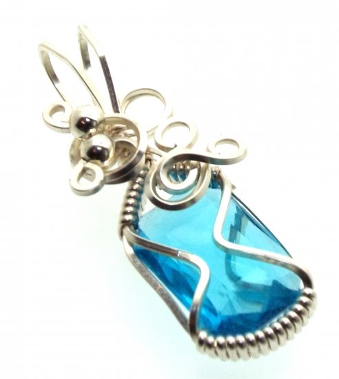 Blue Topaz Faceted Gemstone Sterling Silver Wire Wrapped Pendant 07