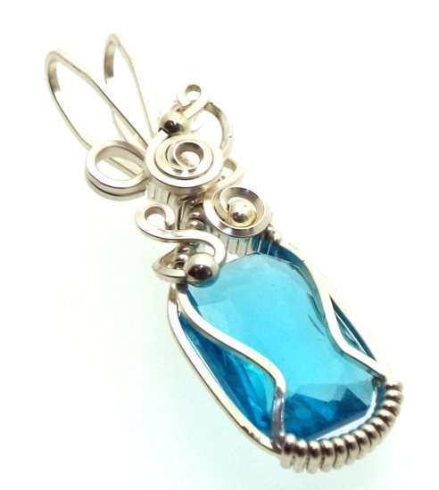 Blue Topaz Faceted Gemstone Sterling Silver Wire Wrapped Pendant 08