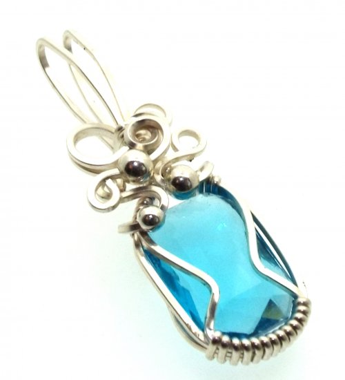 Blue Topaz Faceted Gemstone Sterling Silver Wire Wrapped Pendant 09