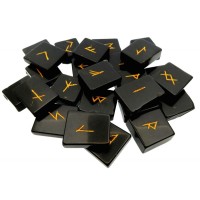 Black Agate Etched Angular Gemstone Elder Futhark Rune Set with Booklet 