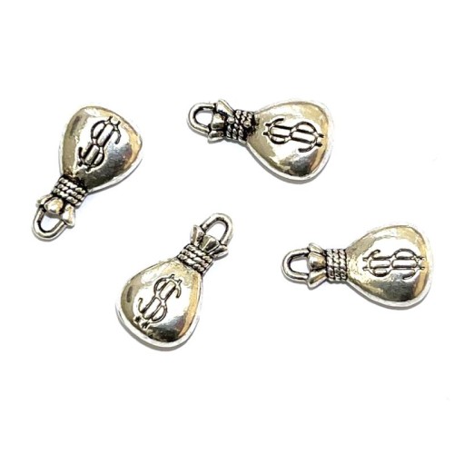 4x Silver Coloured Metal Moneybag Charms