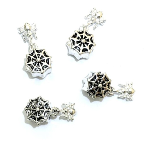 4x Silver Coloured Metal Spiderweb Bead Charms